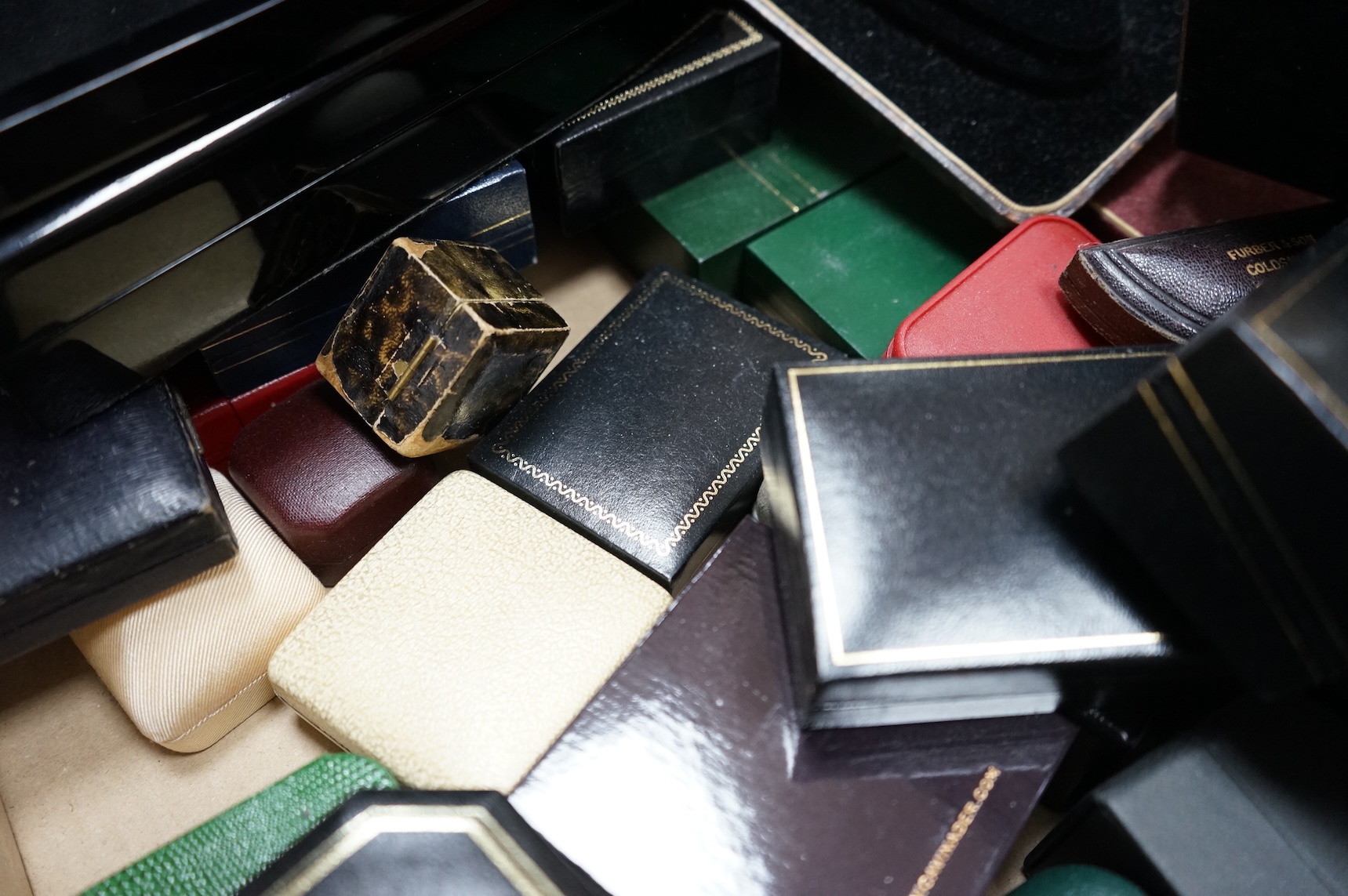 A large collection of assorted jewellery and other boxes, including J.W. Benson and Tiffany & Co.